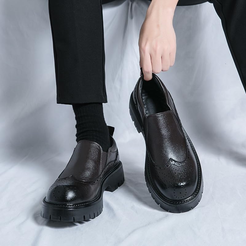 Santimon Men's Leather Wingtip Loafer Shoes Chunky Heel Platform Vintage Round Toe Brogue Shoes3