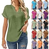 ZWDC T-Shirts für Damen Kurzarm Tops Uni V Neck Shirt Buttoned Blusen Frauen Lockere Passform...