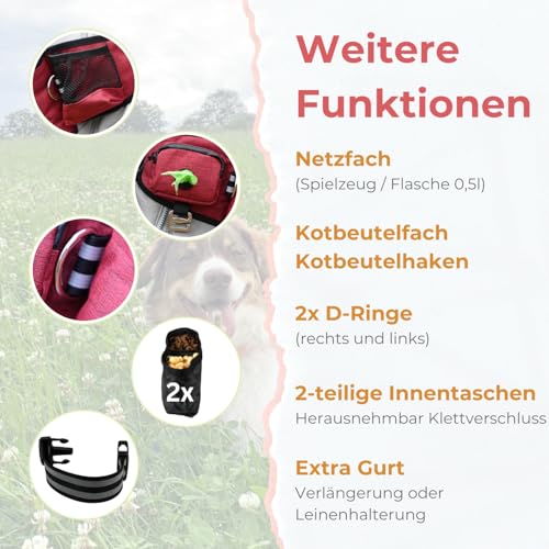 joy-mara Leckerlitasche für Hunde - wasserdichte Hunde Leckerlitasche & Bauchtasche Hundetraining, Gassi Tasche Hund mit Flaschenhalter, Futtertasche Hund mit Kotbeutelspender & Leckerlibeutel