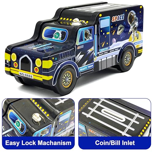 Image of VGRASSP Space Theme Metal Bus Piggy Bank Toy for Kids - Cute Money Safe with Lock and 2 Keys - Gullak Coin Box Gift - Color As Per Stock