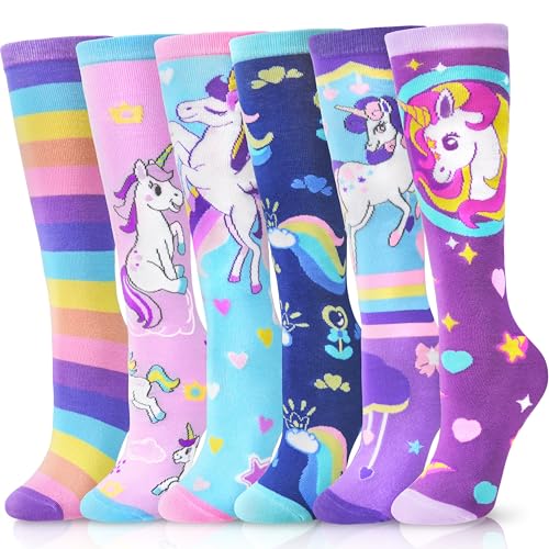 ANTSANG Kids Girls Knee High Socks Fashion Funny Crazy Stockings Gift Cute Novelty Long Boot Cotton Socks for Child 6 Pairs(Colorful Unicorn 3-12 Years)
