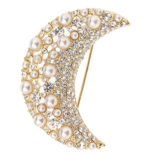 Moon Brooch for Women, Faux Pearl & Rhinestone Lapel Pin (1.57 x 0.98 inch), Vintage Alloy Jewelry for Birthday Christmas Gift