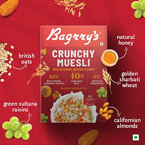 Image of Bagrry's Crunchy Muesli - 200g | 83% Multigrain, Brans, Almonds, Raisins & Honey | 40% Fibre Rich Oats | High Fibre and Protein Breakfast Cereal | No Added Preservatives | Non-GMO Oats | 100% Natural | Trans Fat & Cholesterol Free