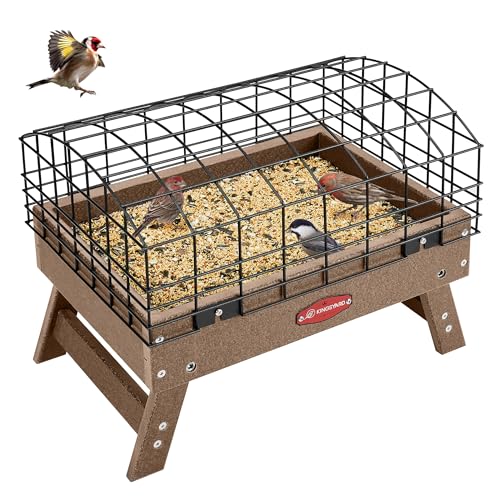 Kingsyard Squirrel Proof Ground Bird Feeder for Outdoors - Recycled Plastic Platform Feeding Station, Fly-Through Metal Caged Wild Bird Feeder for Small Birds, 5 LBS Large Capacity, Brown