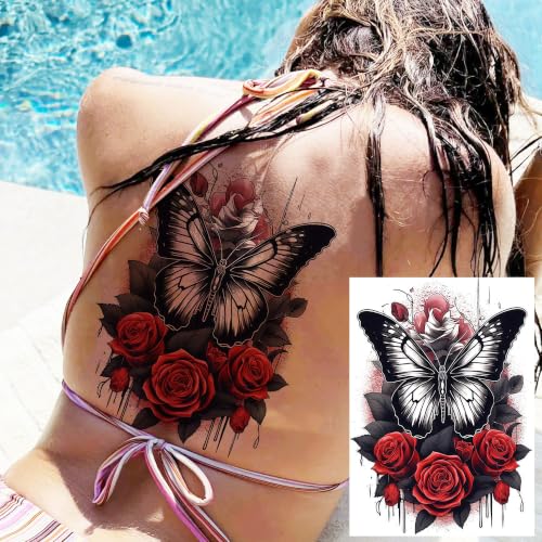 Image of 4 Sheets Large 3D Rose Temporary Tattoos For Women Hips Buttock Thigh Adults Body Art Back Tattoo Sticker, Long Lasting Realistic Waterproof Watercolor Butterfly Flowers Fake Rose Tattoos Shoulder