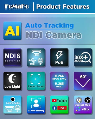 Image of FoMaKo NDI PTZ Camera Bundle,NDI 6 & NDI HX3 Certified, AI Auto-Tracking Gen 3, 30X Optical Zoom, NDI PTZ Controller,for Church Worship,KN30A+KC608,BN301