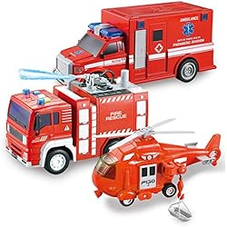 Maletin Bombero Juguete JOYIN 3 en 1 Vehículo de Rescate de Bombero, helicóptero, Ambulancia y camión de Bomberos, con luz y Sonido