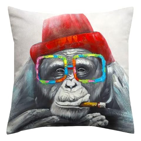 The Beach Stop Colourful Chimpanzee Monkey Printed Cushion Cover | Gift Idea for Men Women & Children | 45x45cm 18x18'' | Chimp with Glasses (C-C1) Cover