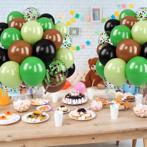 Image of Green and Brown Balloons, 50PCS 12 Inch Camouflage Green Black Brown Ballons, Dark Emerald Green Confetti Balloon for Camping Game Jungle Theme Camo Birthday Army Party Decorations