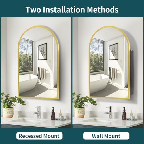 Movo Arched Gold Medicine Cabinet with Mirror,20 x31 Inch Metal Framed Bathroom Mirror Medicine Cabinet Wall Mounted,Recessed Medicine Cabinets for Bathroom with 2 Removable Shelves