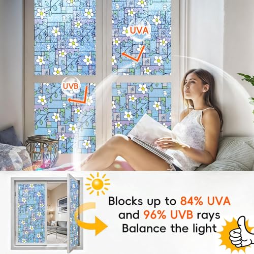 Image of WOO Home Frosted Glass Window Film & Stickers (24 X 72 Inchs) Privacy Window Cover for Home & Office - Easy Apply, UV Protection, Removable Decorative Film (Blue Patti Flower 2 X 6 SQFT)