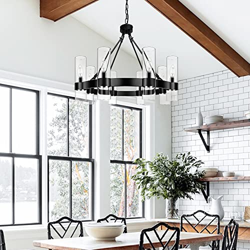 Klgxnrd 8-Light Black Wagon Wheel Chandelier, Modern Farmhouse Glass Lighting Fixture, Round Industrial Hanging Pendant Light for Living Room, Dining Room, Kitchen Island, Entryway, Foyer - Image 3