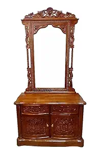 MUSKAN ARTS Teak Wood Dressing Table for Bedroom | Antique Disign 2 Drawers + 2 Doors with 2 Shelves Storage Without Mirror Frame & Beautiful Hand Carving (30 * 20 * 81 Inch) (Brown Finish)