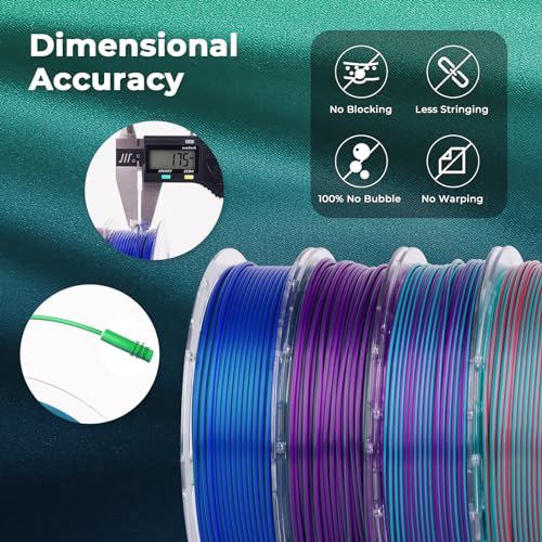 Image of AMOLEN Silk PLA 3D Printer Filament Bundle, Shiny Dual Color PLA Filament 1.75mm Pack, PLA 3D Printing Filament, Blue Green Coral Dark Violet Purple 200g X 4 Spools