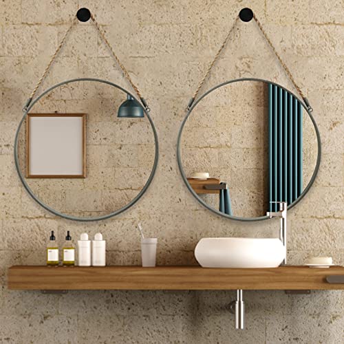 POZINO Round Hanging Mirror, Circle Wall Mirror with Rope, 20 Inch Farmhouse Mirrors for Bathroom Bedroom Living Room Entryway Home Decor, Grey - Image 7