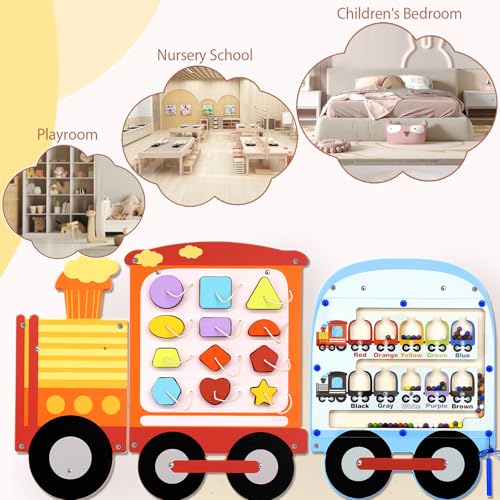 Image of Joyreal Train Activity Wall Busy Board Panels - 8-in-1 Toddler Learning Activity Center - Wooden Montessori Sensory Toys for Playroom, Daycare, Classroom - Educational Toy for All-Round Development