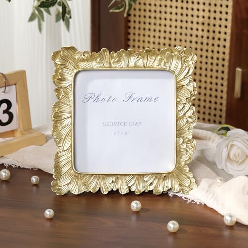 6x6 Gold Picture Frame, Vintage Gold Palm Leaves Textured Hand-Crafted Resin Frames with Glass Front, Retro Square Photo Frame for Wall and Tabletop Display Home Decor