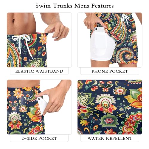 xigua Paisley Flower Mens Swim Trunks with Liner, 5 inch Quick Dry Mens Boardshorts for Beach3