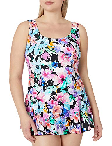 Maxine Of Hollywood Women's Seam Front Swim Dress One Piece Swimsuit, Multi//Painted Petals, 10