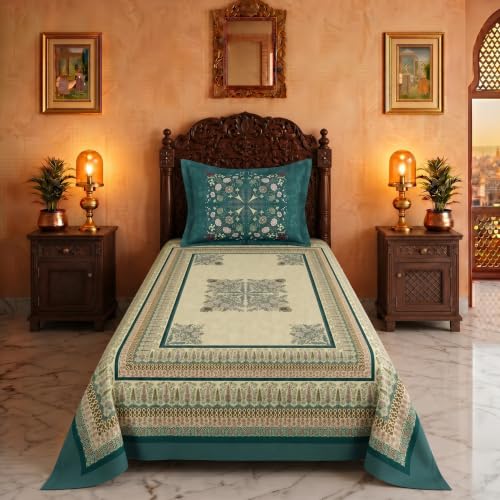 Image of BSB HOME 240 TC Cotton Single Bedsheet, Premium Soft & Breathable Single Bed Sheet, Skin Friendly Durable Printed Bed Cover for Bedroom, Elegant Cotton Bedding, 60 x 90 Inches - Spruce Green