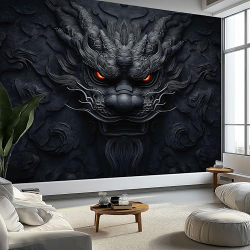 Murales de Pared Muro Piedra Abstracto Dragón Chino Papel Tapiz, Arte Oriental Murales de Pared Decorativos para Sala de Estar y Dormitorio (220gsm Tela No Tejida Premium, 200 x 140 cm (W x H))