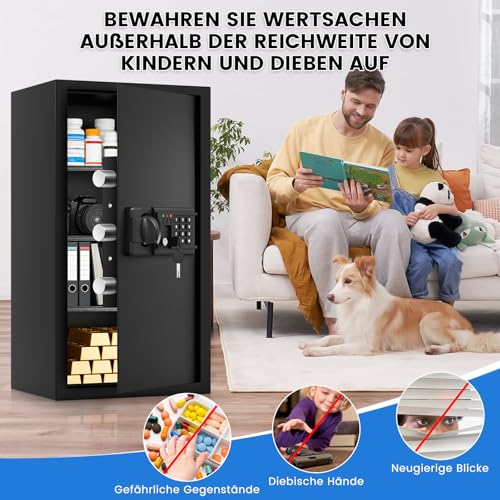 85L Extra Großer Feuerfester Safe Tresor für Zuhause, Tresor Feuerfest Wasserdicht mit Schlüssel, Sensor-Licht und 3 Abnehmbares Regale, Anti-Theft Safe Tresore für Geld, Dokument, Medizin