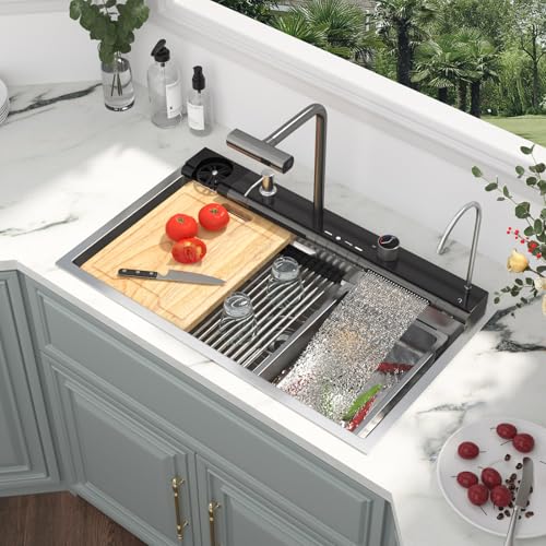 Image of Kichae 30x19 Kitchen Sink Drop In Waterfall Kitchen Sink Smart Workstation