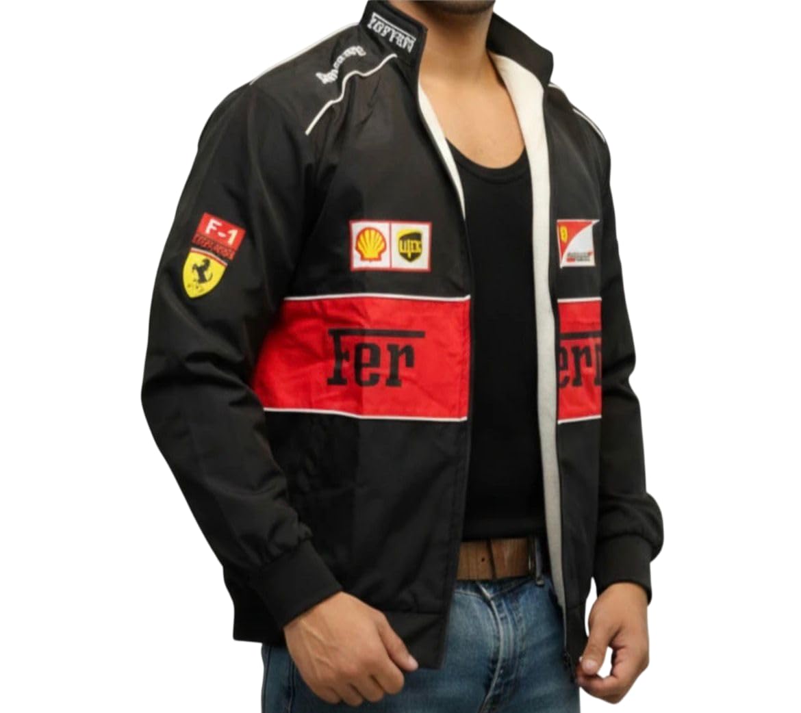 F1 Trandy Racing Sport Jacket, Black and Red, Racing MotorSport, Full Zip Windbreaker, Bomber Patches Vintage Jacket For Men & Women