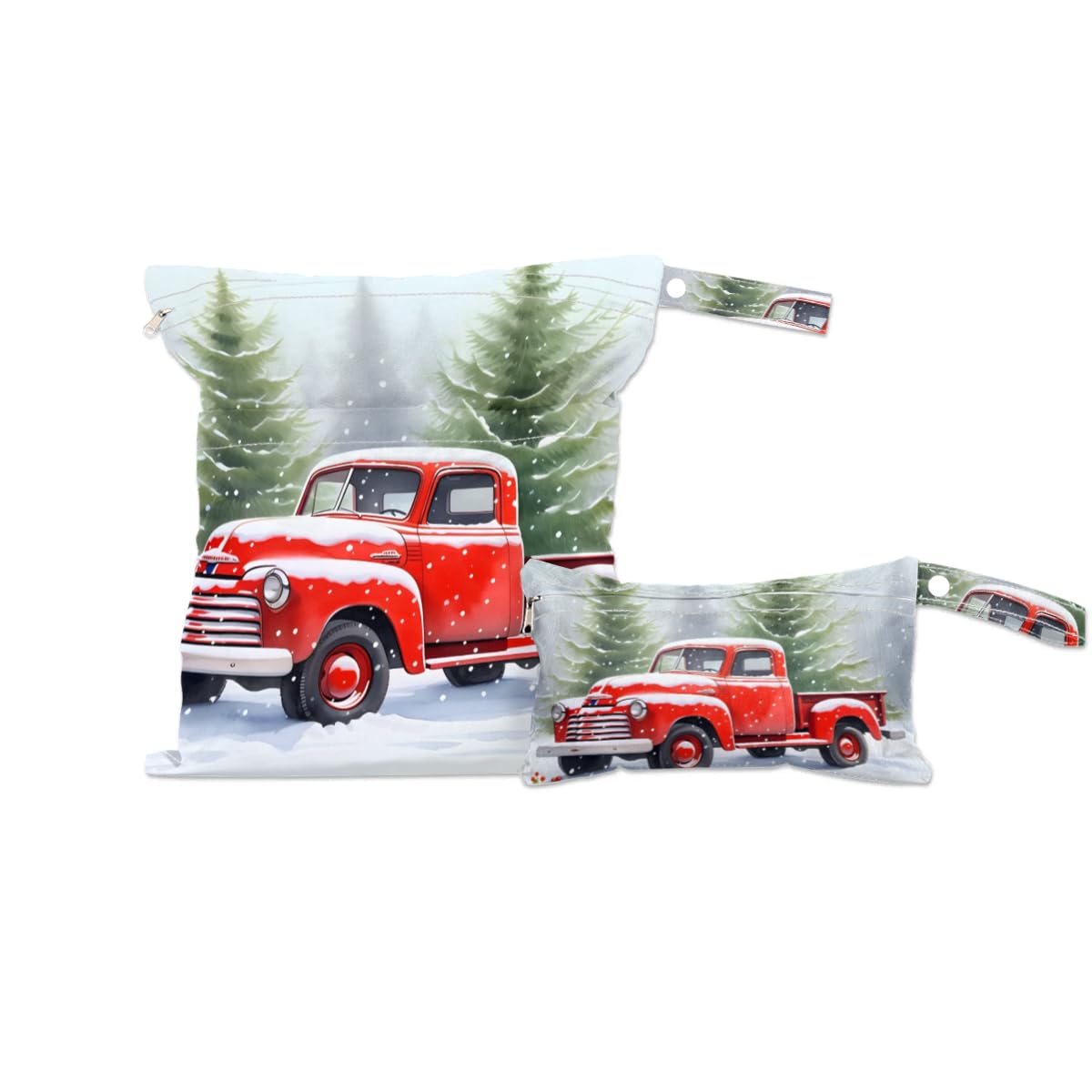 2pcs Cloth Diaper Wet Dry Bag with Two Zipper Pocket Waterproof Storage Bag Travel Laundry Bags, Beach, Pool, Breast Pump Parts, Gym Bag for Swimsuits & Wet Clothes for Baby (Christmas Truck Red)