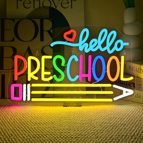 NXYX Hello Preschool Classroom Neon Sign Back To School Preschool Wall Decor Nursery Room Decor Sign Gift for Preschool Teacher Kids Neon Sign Elementary Teacher Neon Gift