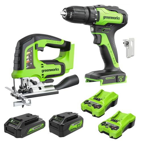 Image of Greenworks 24V Brushless Cordless 2-pcs Combo Kit: 310 in. /lbs Drill Driver, 1 inch Jig Saw, Brushless Motor, (1) 4.0Ah and (1) 2Ah Battery + (2) 2A Fast Charger Included