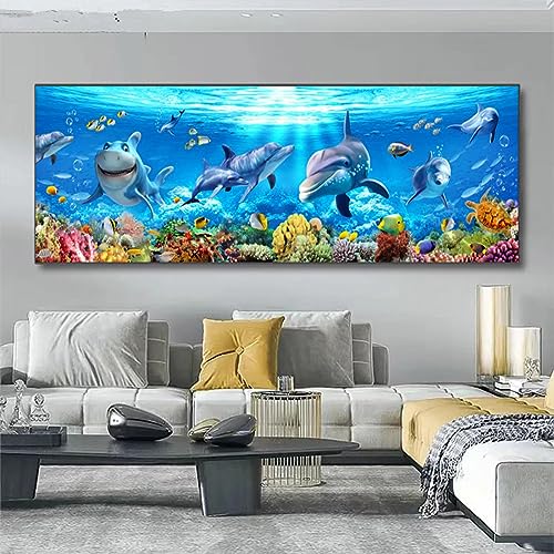 Cuadro de tiburón y delfín en lienzo de 40x120cm para decorar paredes vacías grandes