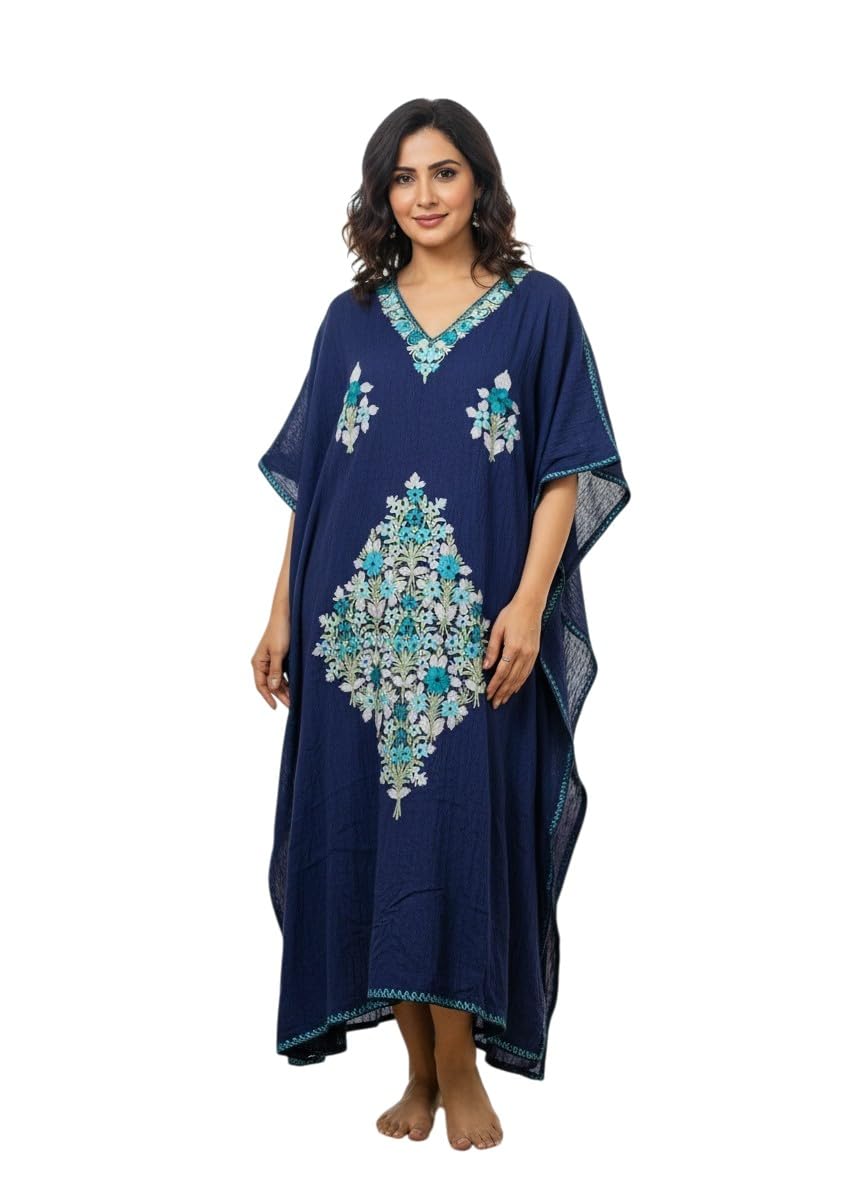 kashmir gallery Kashmiri Kaftan for Women Silk Kaftan Nightgown Maxi with Kashmiri Embroidery Free Size (Blue-2)-picture-6