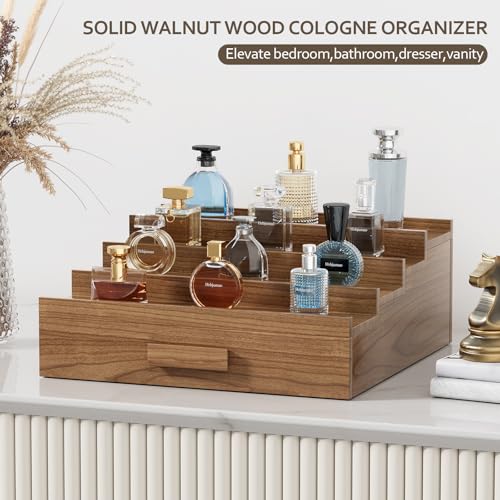 Image of Solid Walnut Cologne Organizer for Men, 4 Tier Cologne Stand Display Shelf | Wood Perfume Organizer, Cologne Holder with Drawer Storage and Hidden Compartment,Gift for Men Dad Husband Brother Boyfriend