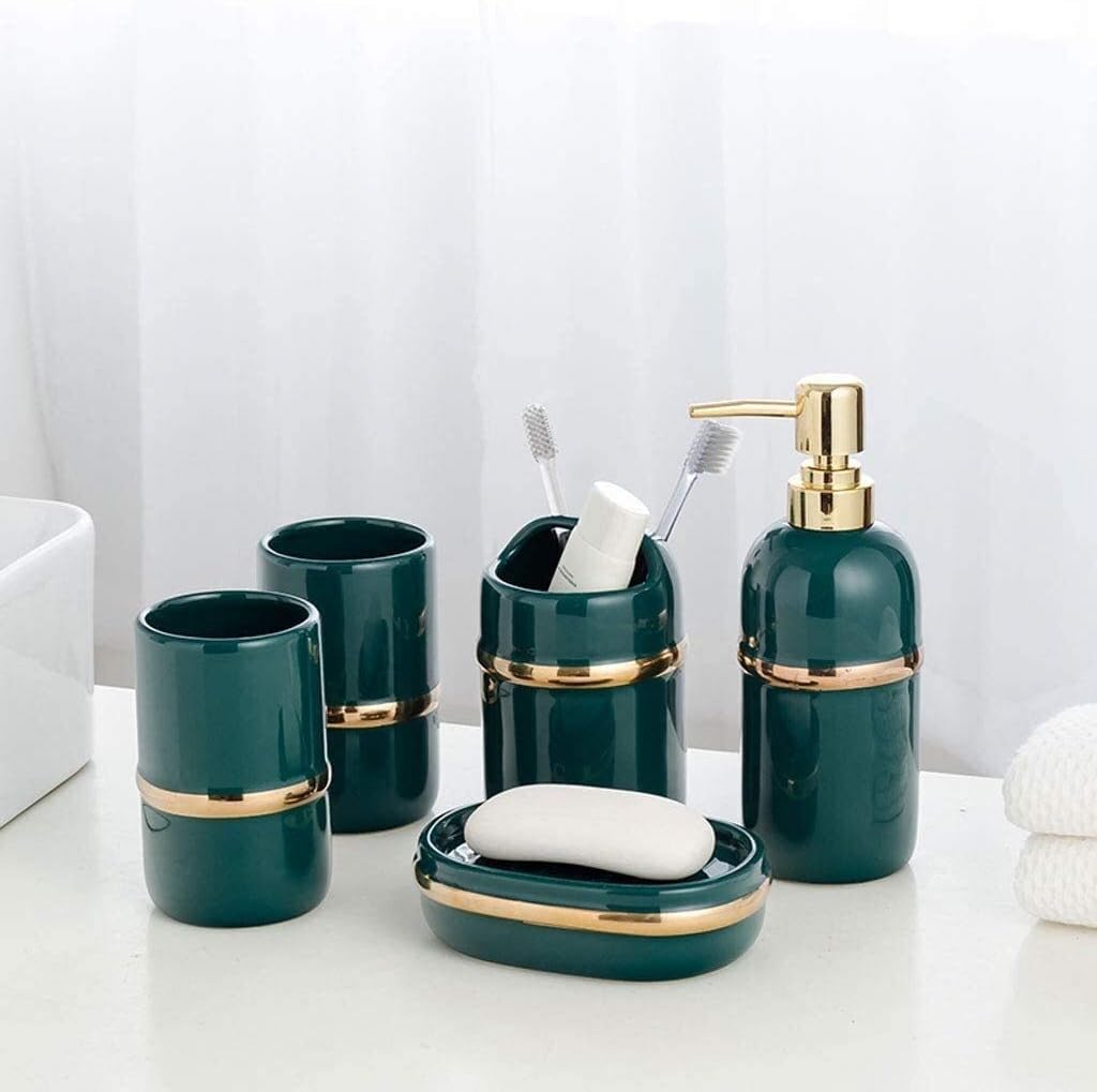 Bathroom Accessories Set Ceramic Bathroom Set with soap Dispenser Toothbrush Holder Glass and soap Dish Modern Design Rinse Cup Bathroom kit Accessories Bottles for Bath Lotion (Orange 6) image 5