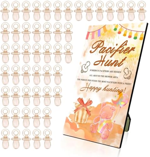 Image of Baby Shower Games, Baby Shower Decorations, 1 Baby Pacifier Hunt Sign and 50 Acrylic Pacifiers for Gender Reveal Games (Champagne)