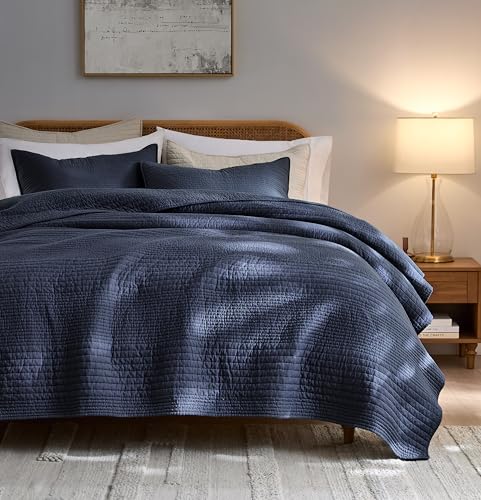 Image of palassio Striped Navy Blue 100% Cotton Quilt Queen Size Bedding Sets, Lightweight Crinkly Channel Pick Stitch Textured Bedspread Soft Shabby Chic Farmhouse Country Coverlet for All Season, 2 Shams