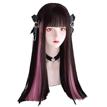 Amazon.co.jp: フルウィッグ ロング ストレート 黒 ピンク 染色