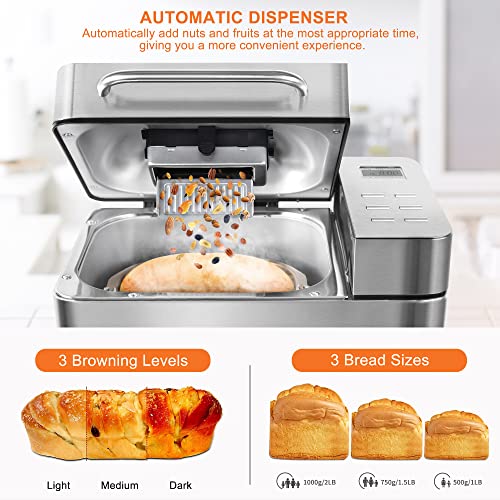 Bread Maker Machine KITCANIS, 2.2LB Stainless Steel Bread Machine, 15H Timer&1H Keep Warm, Sourdough, Gluten-Free, Dough Maker, Bread Making Machine with Nonstick Pan, Recipes, 650W