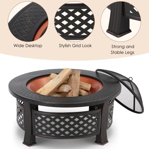 TLSUNNY 3 in 1 Outdoor Fire Pit BBQ Fire Pit Garden Fireplace 80 x 80 x 54 cm Winter Heater with 304 Stainless Steel Grill, Spark Guard, Fire Fork