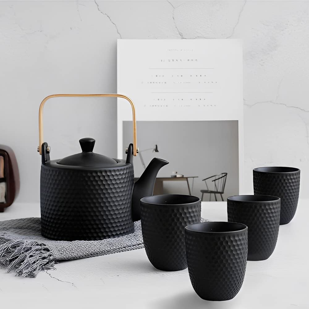 Servizio da Tè in Ceramica Giapponese, Nero | Set da tè cina, teiera set, 1 teiera 900ml e 4 tazze con con infusore, manico in legno, per gli amanti del tè