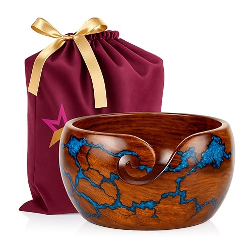 Image of Wooden Yarn Bowl for Crocheting, 7x4 inch Large Rosewood Crochet Holder Gift Accessories and Knitting Gadgets Supplies Handcrafted with Fractal Wood Burning & Blue Resin Inlay ( Blue 7x4 )