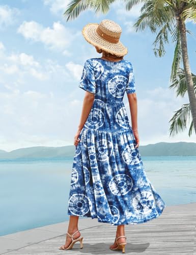 Image of YESNO Women Casual Loose Bohemian Floral Dress with Pockets Short Sleeve Long Maxi Summer Beach Swing Dress EJF