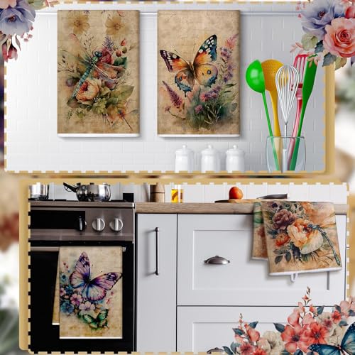 Image of Bencailor 6 Pcs Butterfly Flower Kitchen Towels Decorative Sets Dish Towels Absorbent Fast Drying Hand Tea Vintage Hanging Reusable Cleaning Dishcloths for Cooking Farmhouse Bathroom Accessory