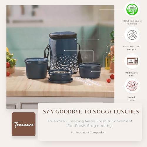 Image of Trueware Omaga Lunch Box with Insulated Fabric Jacket, 3 Microwave Safe & Leak Proof Inner Stainless Steel Containers (1 x 200ml, 1 X 400ml & 1 X 500ml) Tiffin for Office, College