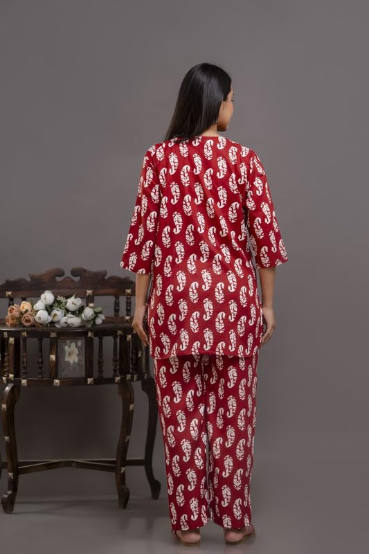 Image of Pure Cotton Printed Night Suit Top and Pyjama Set for Women's Night Dress of Shirt & Pyjama Set for Womens