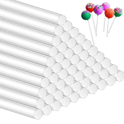 50Pcs Acrylic Lollipop Sticks, Clear Cake Pops Sticks, Reusable Acrylic Rods, Stirring Popsicle Candy Stick for Cupcake Toppers Dessert Chocolate Cookies DIY(6 Inch)