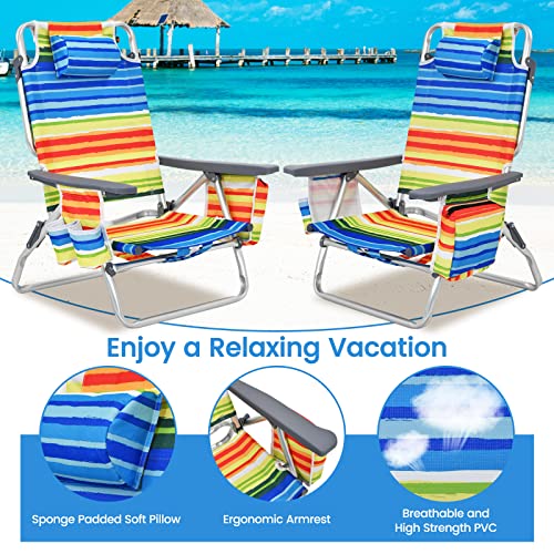 Image of Tangkula Set of 4 Backpack Beach Chair, 5-Position Lay Flat Beach Chairs with Cooler Bag, 2 Cup Holders, Towel Bar, Lightweight Low Folding Beach Chair with Backpack Straps, Yellow