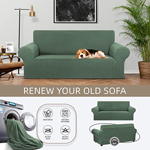 KEKUOU Stretch Loveseat Sofa Cover Slipcover,Couch Covers for 2 Cushion Couch Sofa (55"-78") Furniture Protector Sofa with Elastic Bottom for Kid,Dog. Jacquard Small Checked (Medium,Greyish Green)