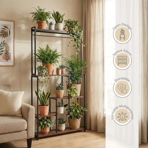 Image of ORILEY RectiQuad 4 Tier Wooden Plant Stand with Rectangular Base Indoor Multiple Flower Pot Holder Wood Display Racks for Home Potted Plants and Flowers Balcony & Garden (Pack of 1)